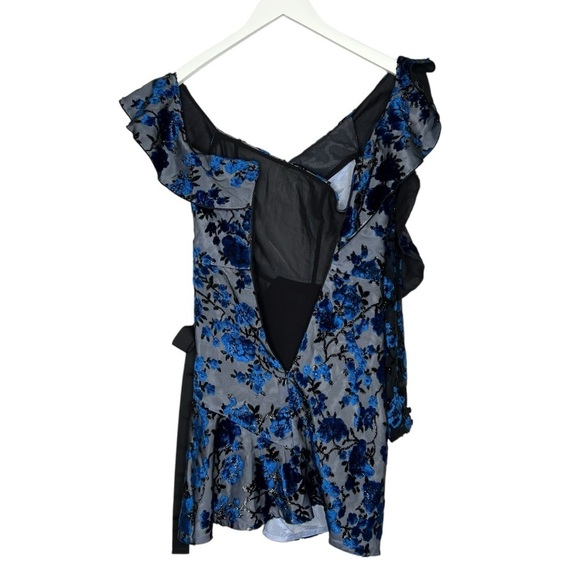 Self-Portrait Eyelet Wrap Mini Dress Velvet Devore Blue Size 0 - Picture 15 of 16